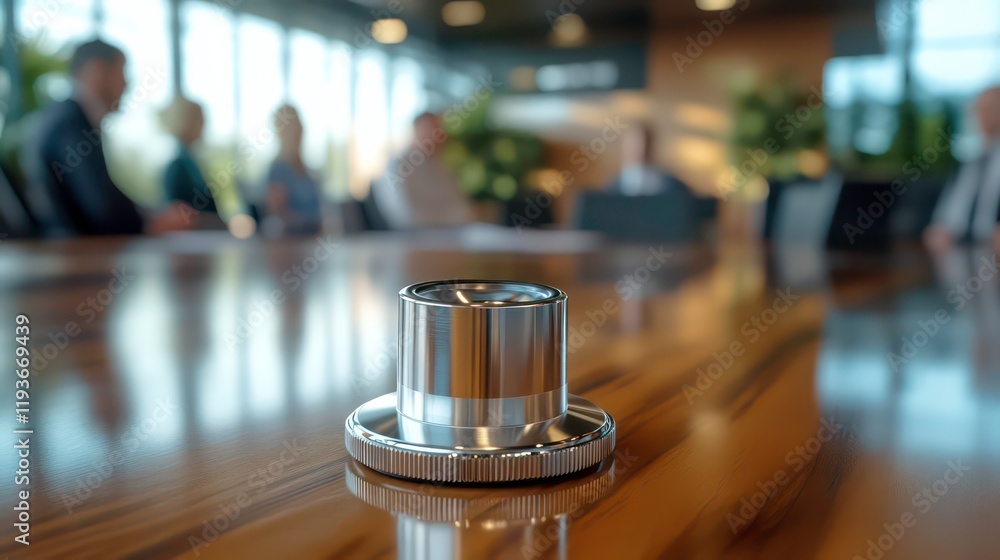 Poster a silver stethoscope lying on a conference table in a modern office. the image is shallow depth of f