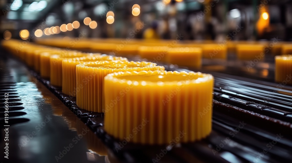 Poster production line of yellow candles in a factory setting with soft focus and warm lighting creating a 