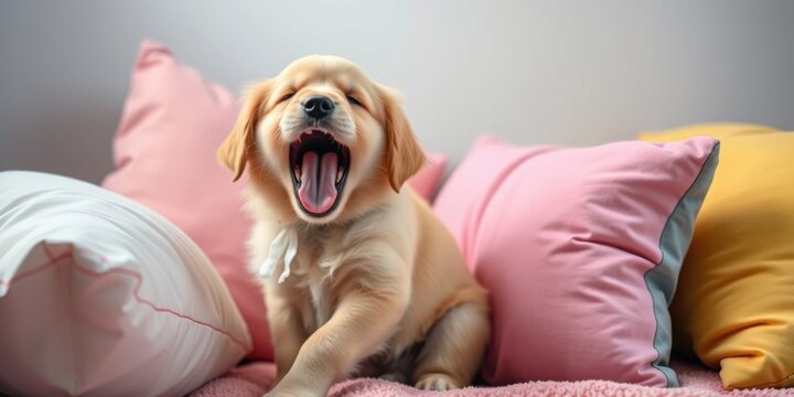 A tiny golden retriever puppy stretches and yawns, nestled among soft, colorful pillows in a warm indoor space, radiating cuteness and comfort