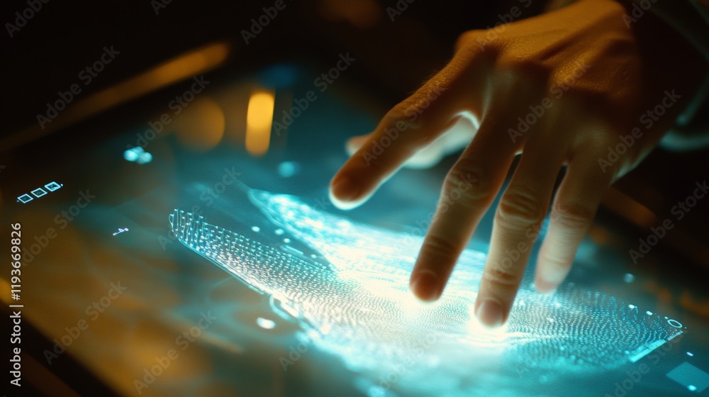 Aufkleber futuristic holographic interface with hand gesture interaction in dimly lit setting