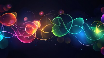 Abstract colorful glowing wave lines and bokeh lights on dark background.