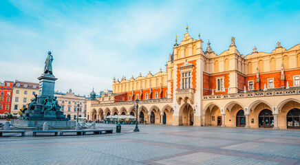 Main market Square with St. Mary's Basilica, city view in Krakow Poland.  Autumn landscape.