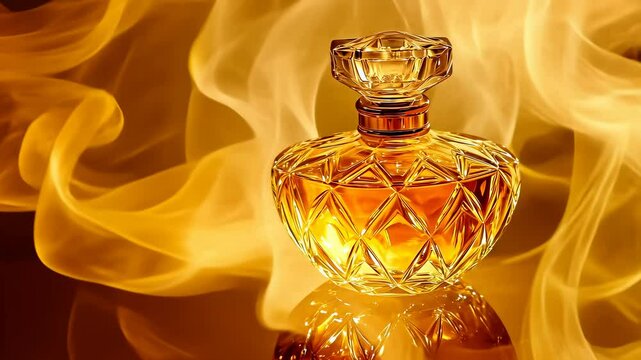 Perfume bottle glistens golden swirling mist.Crystal flacon emits luxurious aroma.Designer fragrance shimmers amber environment.Vintage perfume appearance enchants visually.Elegance,beauty