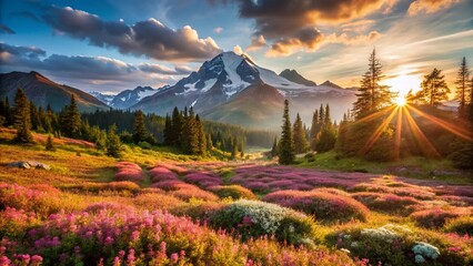 Fototapeta premium Panoramic View of Heather Meadows, Mt. Baker National Forest - Stunning Wildflower Landscape