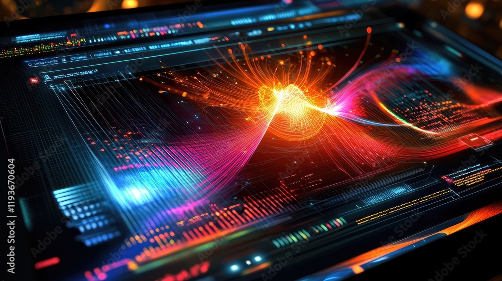 Poster quantum education software on a futuristic display, showing detailed quantum experiments and simulat