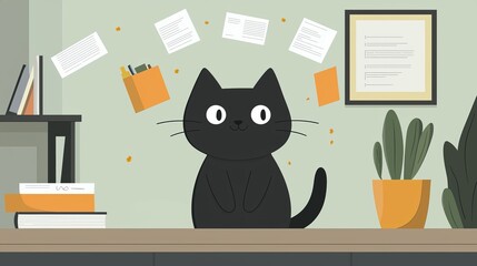 Cute black cat sitting on a desk amidst office supplies and papers.