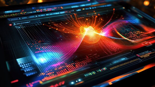 Quantum education software on a futuristic display, showing detailed quantum experiments and simulations for educational purposes