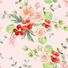 Fotobehang Tropische Bladeren Peony, rose, red nasturtium flowers, currant berries, green leaves, pink background. Vector floral illustration. Seamless pattern. Summer bouquets. Botanical design  © ojardin