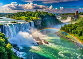Panoramic View of Niagara Falls from Rainbow Bridge - Majestic Waterfall Landscape