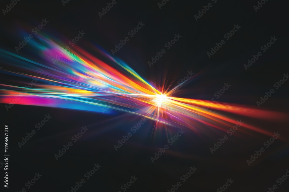 Poster a vibrant burst of light with colorful rays spreading across a dark background, creating a stunning 