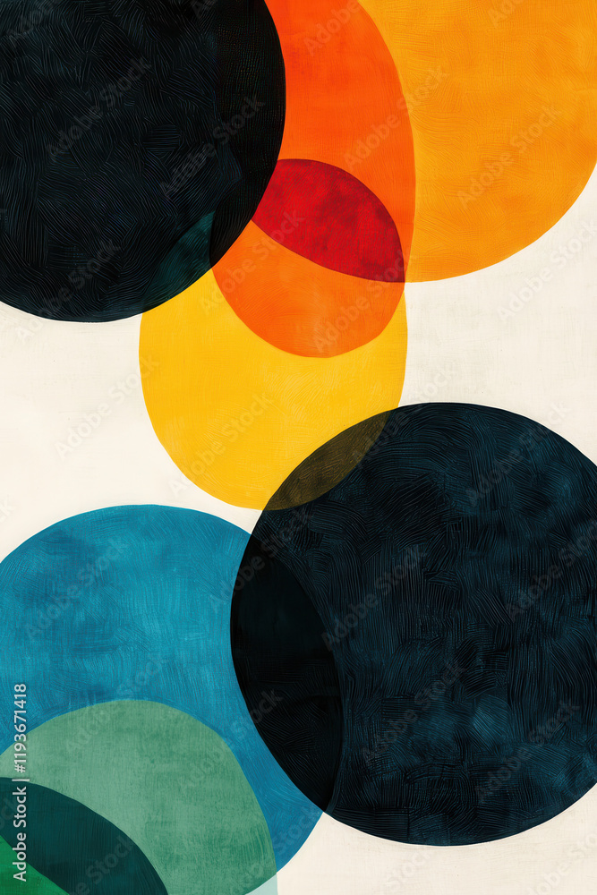 Poster dynamic abstract art with overlapping geometric circles in vibrant colors creating a modern and harm