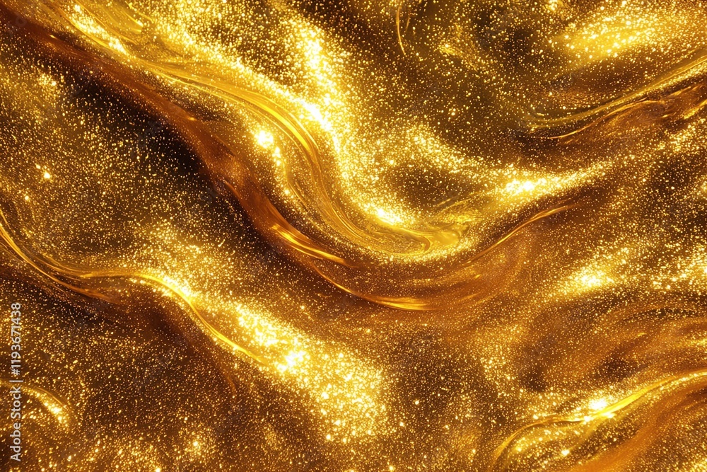 Poster a shimmering abstract background featuring smooth, flowing waves of golden glitter that create a sen