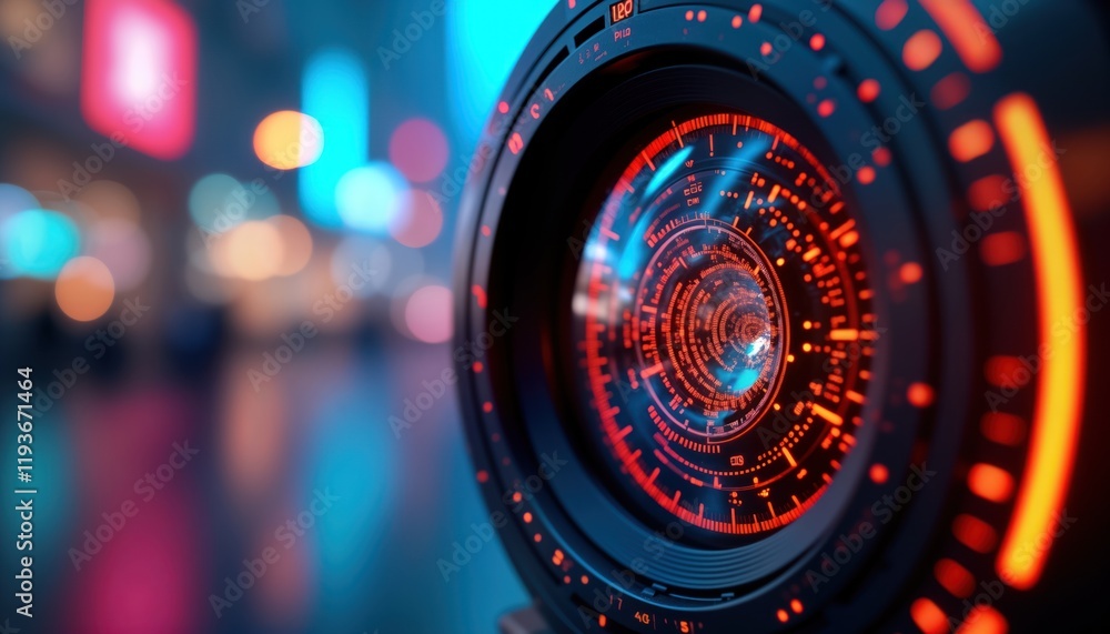 Poster Advanced camera lens with futuristic design. Intricate tech patterns illuminate in vibrant colors. Cyberspace themes visible on lens. Indoor setting with blurred city lights in background. Dynamic