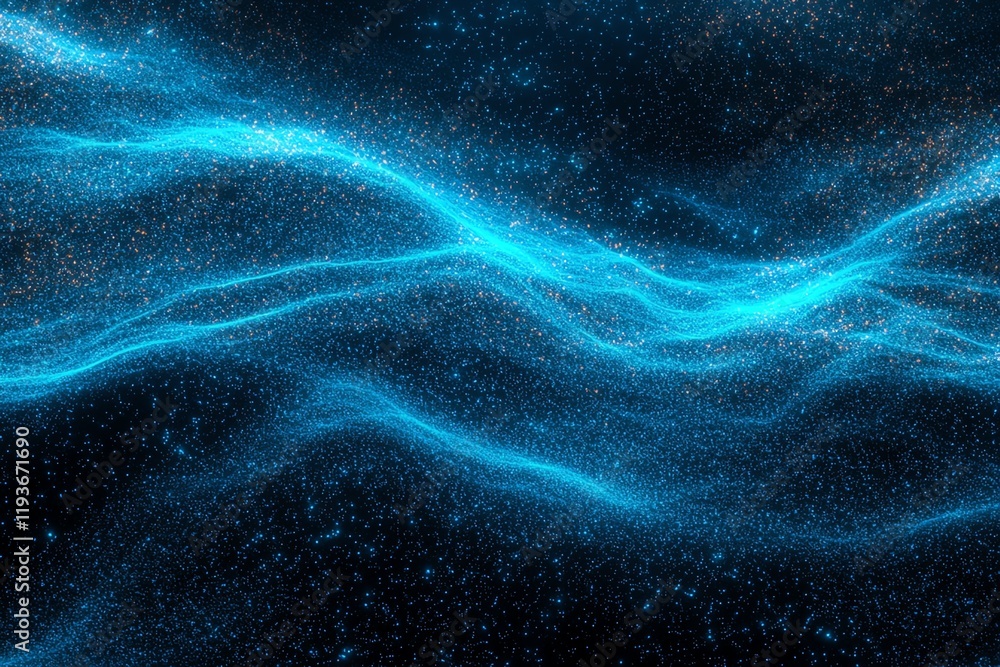 Poster a mesmerizing visualization of flowing blue waves against a dark background, creating an abstract re