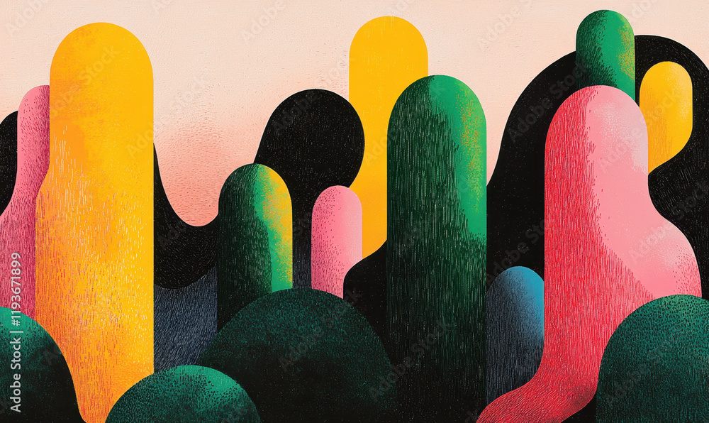 Poster dynamic abstract art illustration featuring colorful geometric shapes and patterns in a vibrant and 