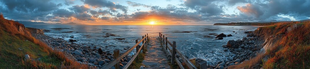 Fototapeta premium From Dallas Street Waterfront in Victoria, BC, on Vancouver Island, Canada, a wide panoramic seascape view of Juan De Fuca Strait and the distant Olympic Peninsula