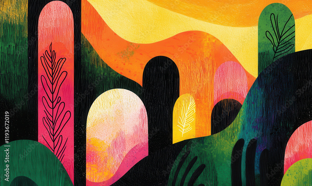 Poster exploring abstract art: a vibrant journey through surreal colors and dynamic patterns in modern desi