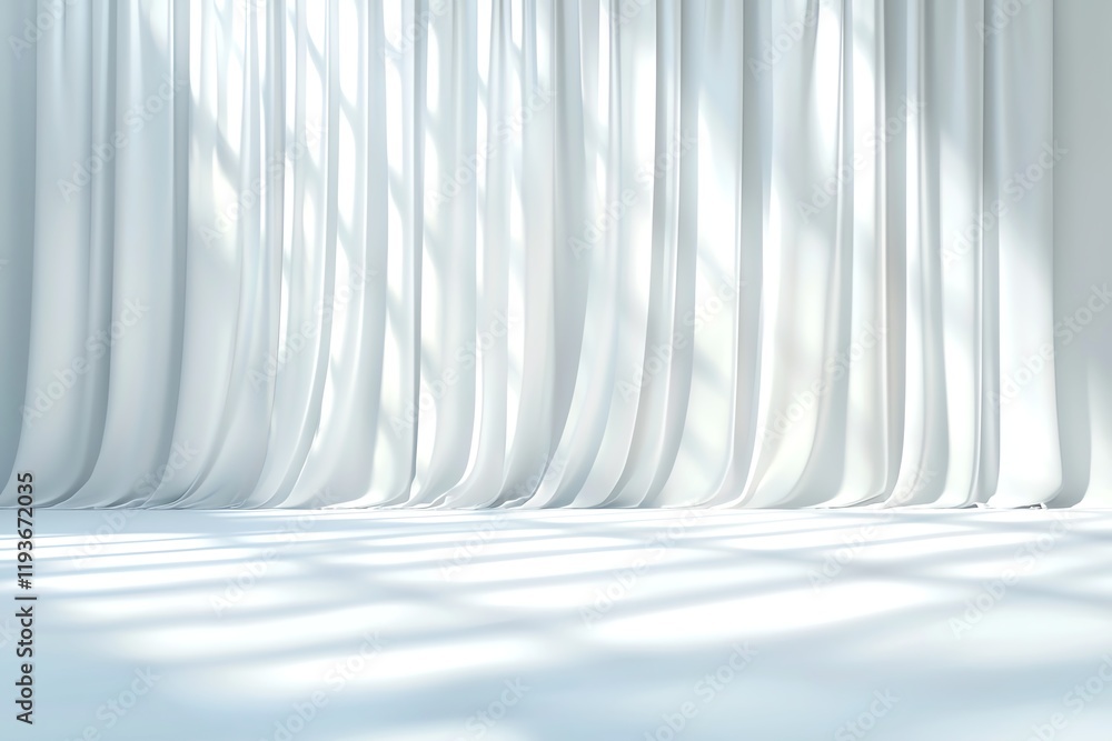 Poster a minimalist white space with flowing curtains, creating soft shadows and a serene atmosphere perfec