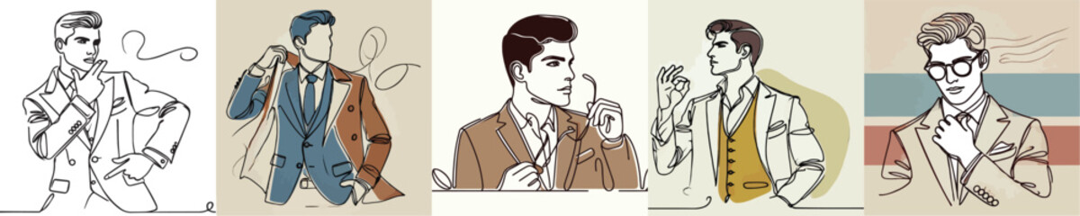 Vector collection of handsome men with continuous line style