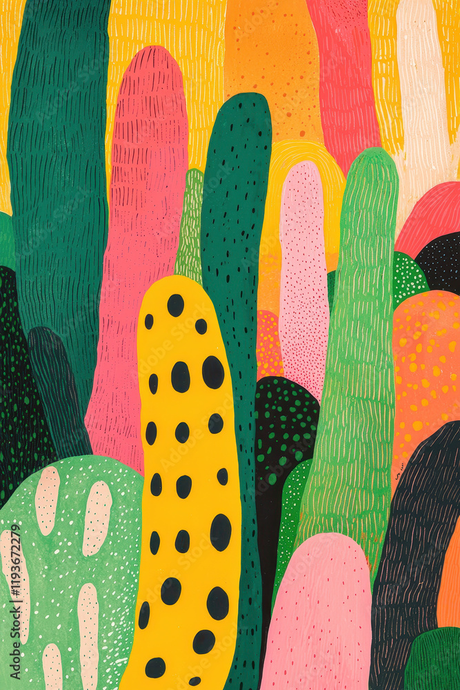 Poster Vibrant Abstract Botanical Art with Colorful Cactus Patterns and Dynamic Organic Textures