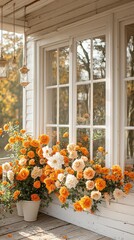Enchanted Floral Forest Comes Alive: Wide Photographic Background with White Floor, Garland of Yellow Orange Beige Roses, Hanging Lanterns, Misty Fairy Atmosphere