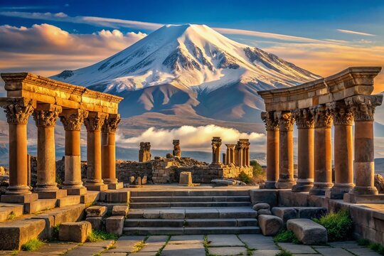 Panoramic View of Zvartnots Temple Ruins and Mount Ararat, Armenia