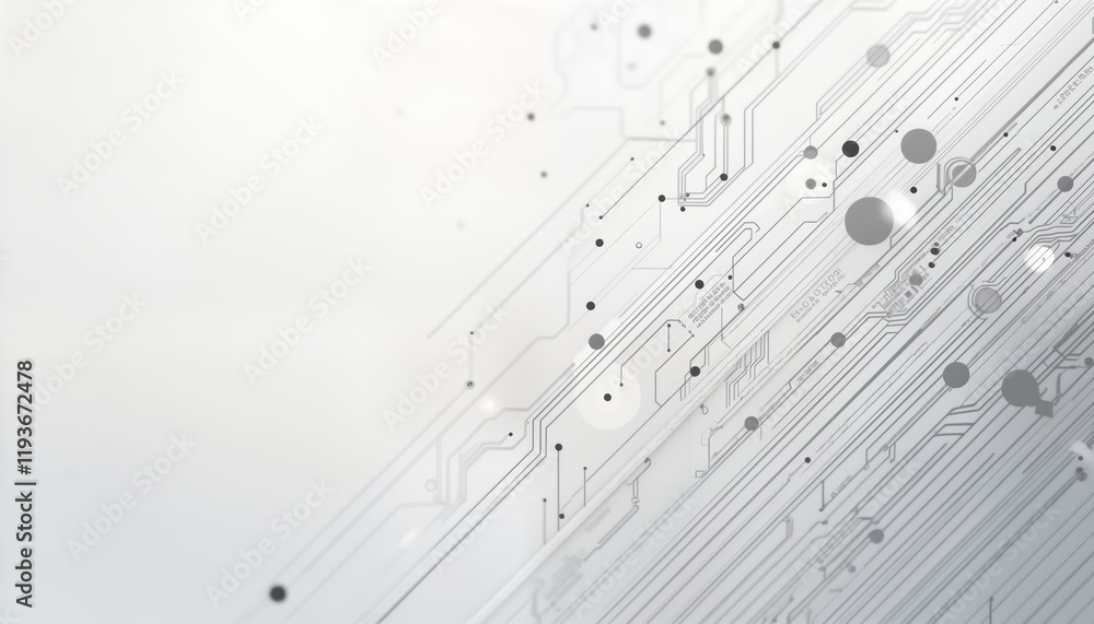 Poster Abstract grey circuit lines form futuristic tech pattern on white background. Complex digital circuitry design evokes innovation, electronic concepts. Intricate network of connections suggest