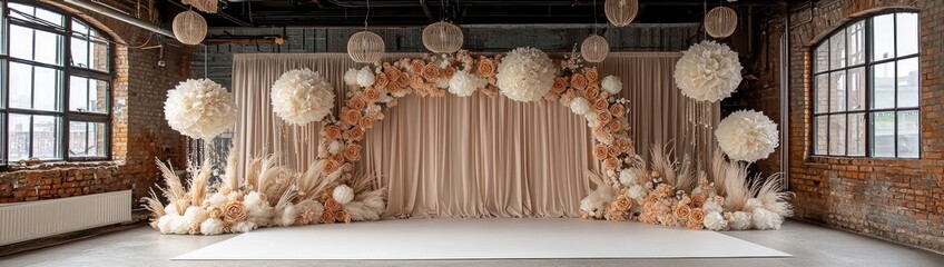 Enchanted Floral Forest Comes Alive: Wide Photographic Background with White Floor, Garland of Yellow Orange Beige Roses, Hanging Lanterns, Misty Fairy Atmosphere