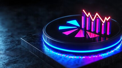 Neon-lit data visualization on a sleek platform showcasing rising trends in a dark environment