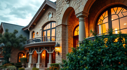 Luxury Stone Mansion at Dusk: Captivating Architecture and Elegant Design.  Discover the epitome of refined living in this breathtaking estate, showcasing exquisite details and a grand facade.