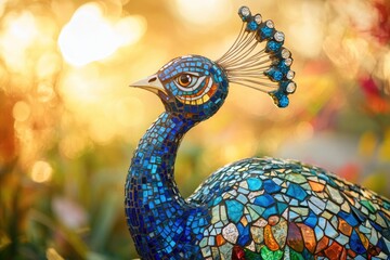 Obraz premium A vibrant mosaic peacock statue, detailed and colorful, basks in the warm golden sunlight.