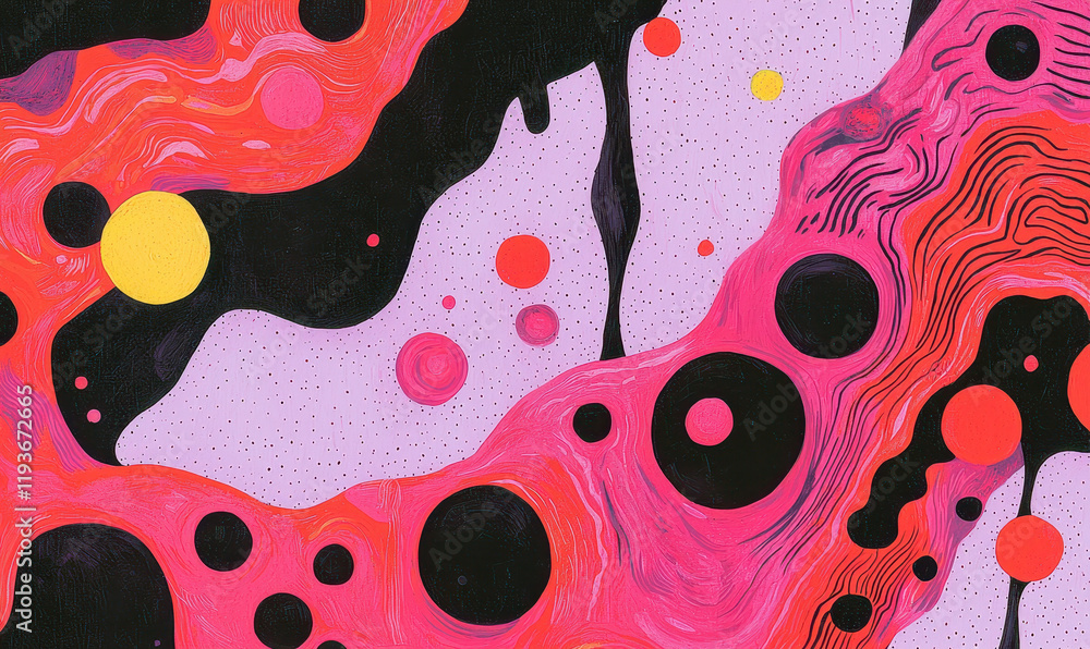 Poster vibrantly abstract psychedelic patterns with dynamic swirls and bold circular designs for creative v