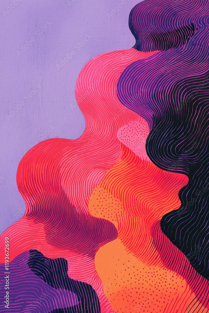 Poster Exploring the Dynamic Flow of Psychedelic Patterns in Vibrant Abstract Art with Textured Lines and Bold Colors
