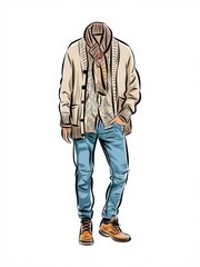 Naklejka premium Stylish Male Fashion Illustration Featuring Cardigan Jeans And Boots