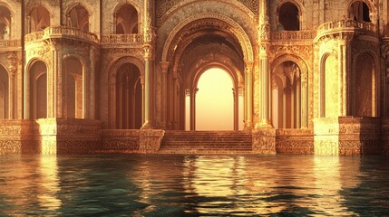 Sunlit ancient palace ruins partially submerged in water.