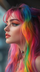 Naklejka premium Side profile of a woman with rainbow-colored hair and vivid eye makeup, showcasing a bold and creative fashion statement.