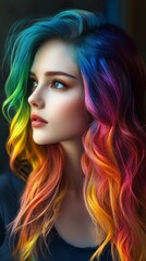Fototapeta premium Portrait of a young woman with striking rainbow-colored hair, showcasing bold and contemporary fashion trends.