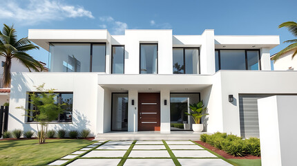 Fototapeta premium Luxury Modern House Exterior: White Facade, Minimalist Design, and Landscaped Garden