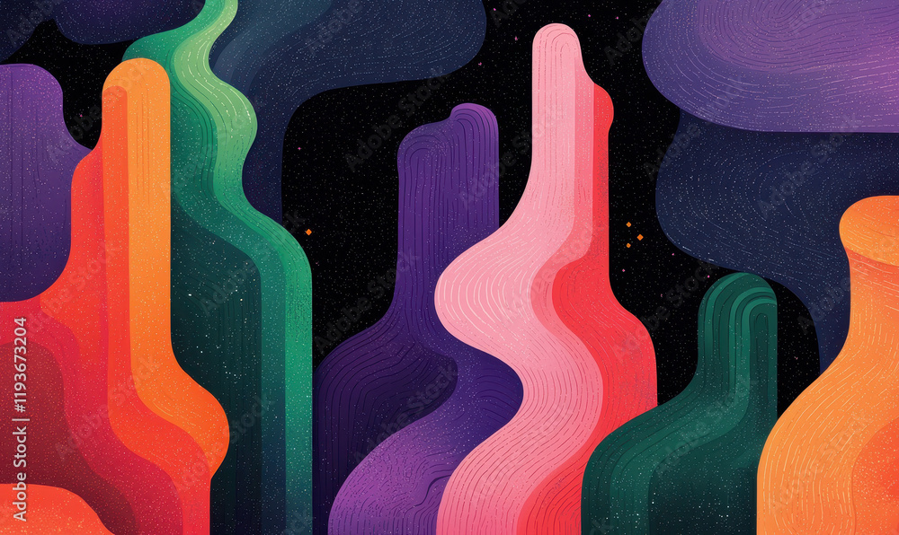 Aufkleber explore a vivid abstract landscape with flowing curves and colorful patterns in a psychedelic design