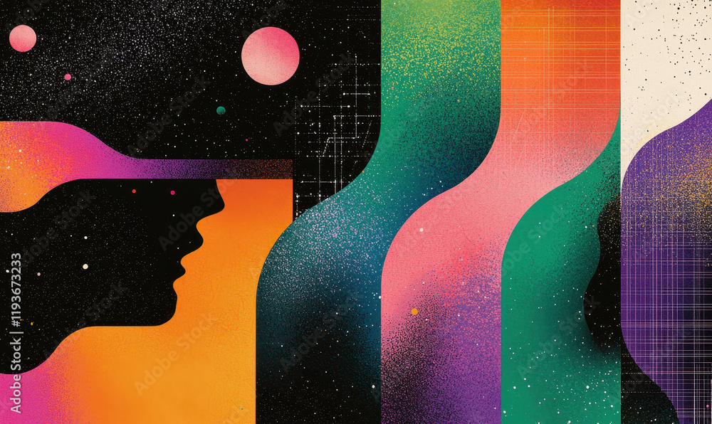 Aufkleber exploring cosmic abstract art with vibrant geometric patterns in a surrealistic and dreamlike univer