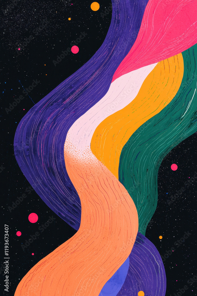 Poster explore a dynamic flow of bold colors and cosmic creativity in a captivating abstract universe illus