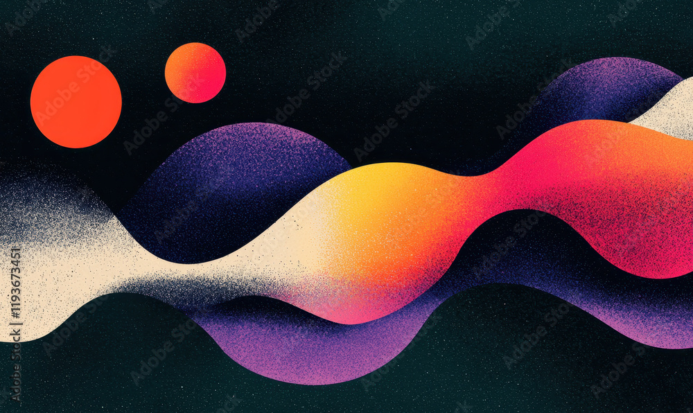 Poster dynamic abstract art with vibrant waves and colorful circular patterns in modern graphic design