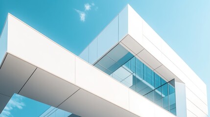 Modern Architectural Design: Sleek White Building Facade Against a Clear Blue Sky