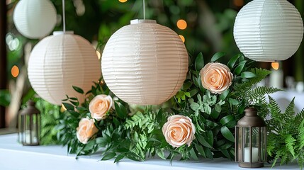 Enchanted Floral Forest Comes Alive: Wide Photographic Background with White Floor, Garland of Yellow Orange Beige Roses, Hanging Lanterns, Misty Fairy Atmosphere