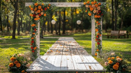 Enchanted Floral Forest Comes Alive: Wide Photographic Background with White Floor, Garland of Yellow Orange Beige Roses, Hanging Lanterns, Misty Fairy Atmosphere