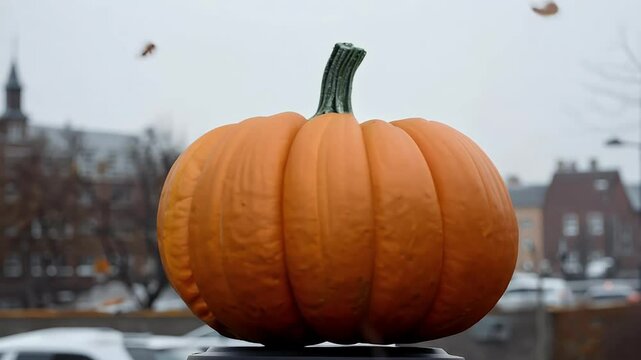 rotating artificial pumpkin set outdoors during autumn against city backdrop capturing seasonal charm in vibrant 4K clarity