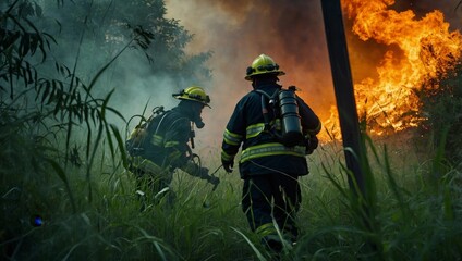 Naklejka premium Firefighter in uniform extinguishes a fire in the forest