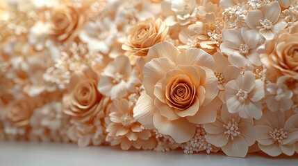 Enchanted Floral Forest Comes Alive: Wide Photographic Background with White Floor, Garland of Yellow Orange Beige Roses, Hanging Lanterns, Misty Fairy Atmosphere