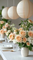 Enchanted Floral Forest Comes Alive: Wide Photographic Background with White Floor, Garland of Yellow Orange Beige Roses, Hanging Lanterns, Misty Fairy Atmosphere