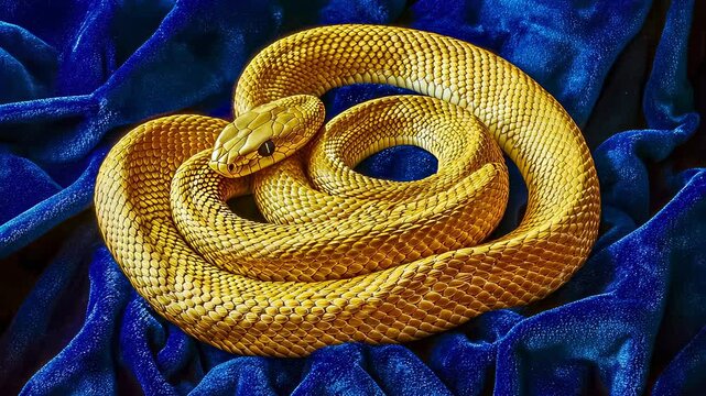Golden serpent coils navy textile.Yellow scales shimmer light.Serpentine body envelops,forms tight spiral.Reptilian eye gazes,alert.Wildlife,velvet backdrop evoke danger,beauty.